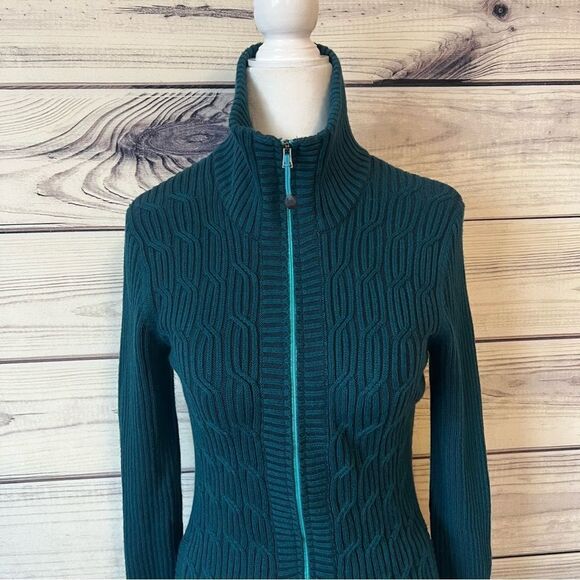 Eddie Bauer Teal Ribbed Cable Knit Full Zip Long Sweater Jacket - Picture 5 of 10